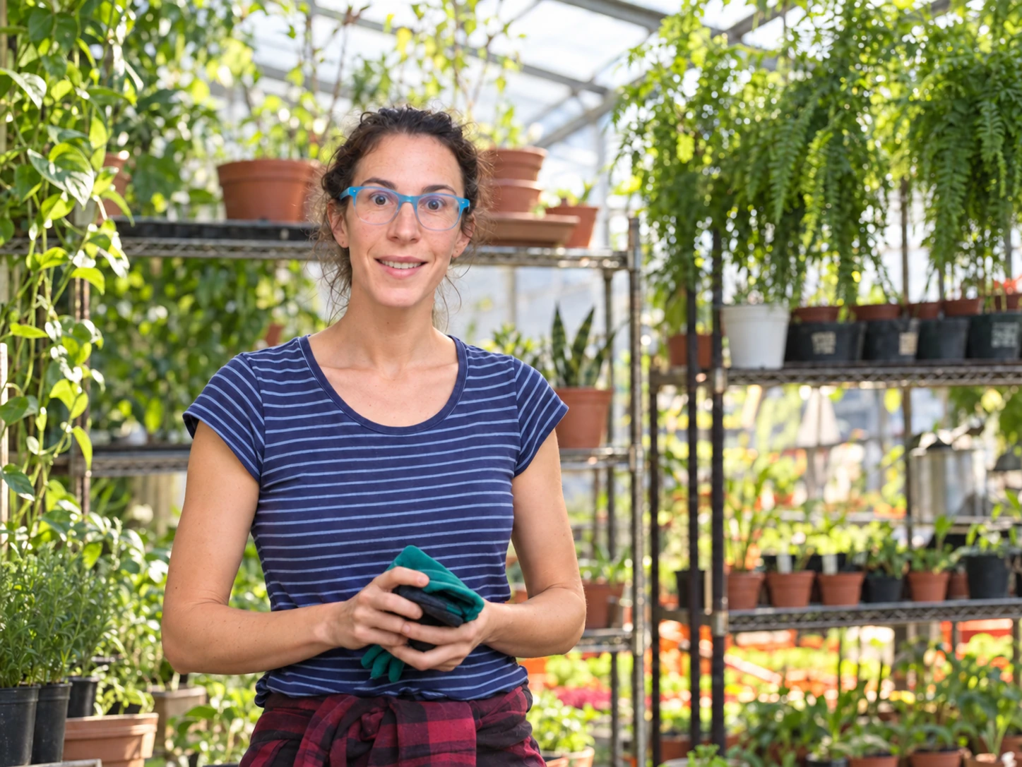 A smiling gardener in a greenhouse filled with plants