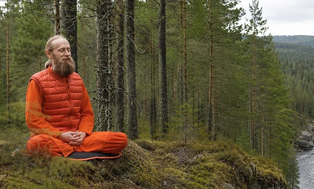 A meditator in orange robes seated quietly in a forest