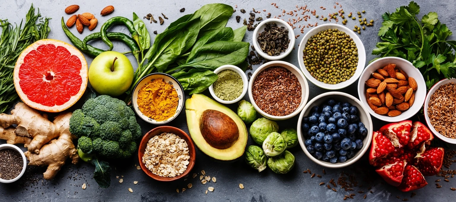 A selection of fruit, vegetables, grains, legumes and nuts