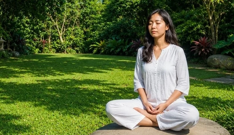 A woman in white meditating on a stone in the green gardens at Ánanda Suruci
