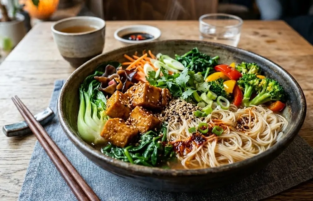 A colorful vegetarian bowl of noodles, tofu and fresh vegetables